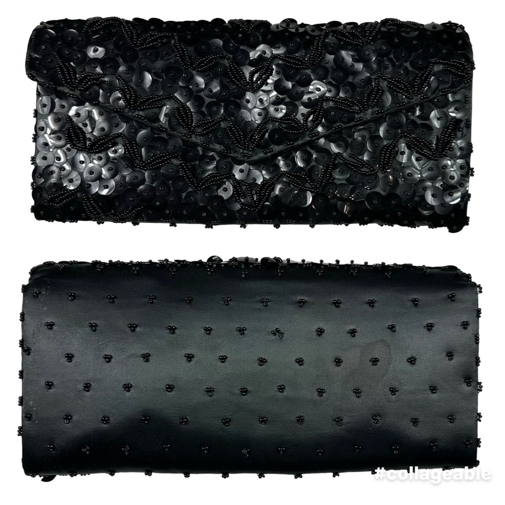 Vintage 80s Black Beaded Sequined Satin Embellished Formal Cocktail Purse Clutch